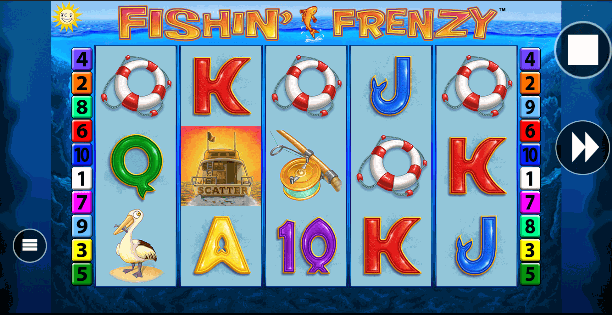 Illustration of the Fishin' Frenzy bonus round with a cheerful fisherman character surrounded by fish charms carrying cash values, laid out across a bright underwater reel scene lit by shafts of sunlight from above.